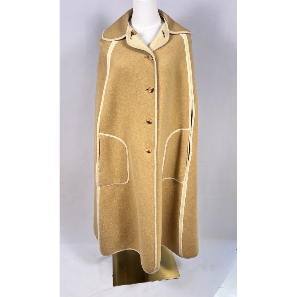Vintage 70s Camel Hair Long Cape Coat Ivory Contrast Trim Arm Slits Poncho 44"